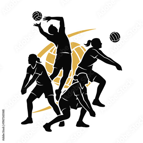 Dynamic black silhouettes of volleyball players jumping and spiking a ball vector illustration.