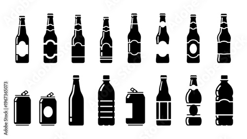 Black beer bottle icons and soda can silhouettes, 15 beverage packaging elements, minimalist drink container vector set for brewery branding