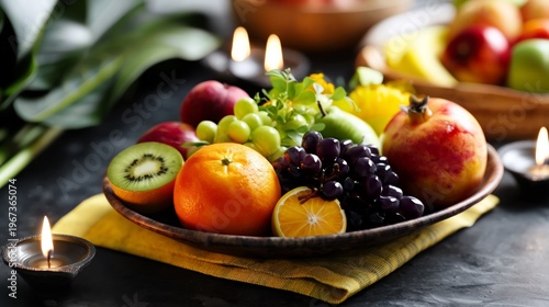 Fruit Bowl With Various Fruits and Candles on a Table Surrounded by Greenery