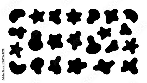 Abstract organic blob shapes set, 21 black liquid amoeba silhouettes, minimalist fluid pebble vector elements for modern graphic design