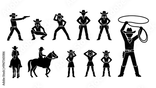 Vintage cowboy silhouette set with 11 vector elements, wild west outlaw and sheriff characters, western rancher riding horse and throwing lasso