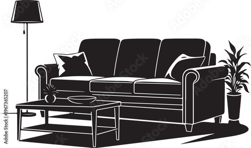 Black and white living room interior with sofa coffee table lamp and plant