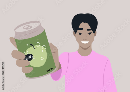 A cheerful character holds out a can of soda featuring a bright fruit design, The atmosphere is lively, hinting at a fun beverage experience waiting to be enjoyed.