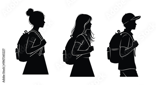 Three figures a woman with a bun a woman with long hair and a man with a cap are shown in profile silhouette