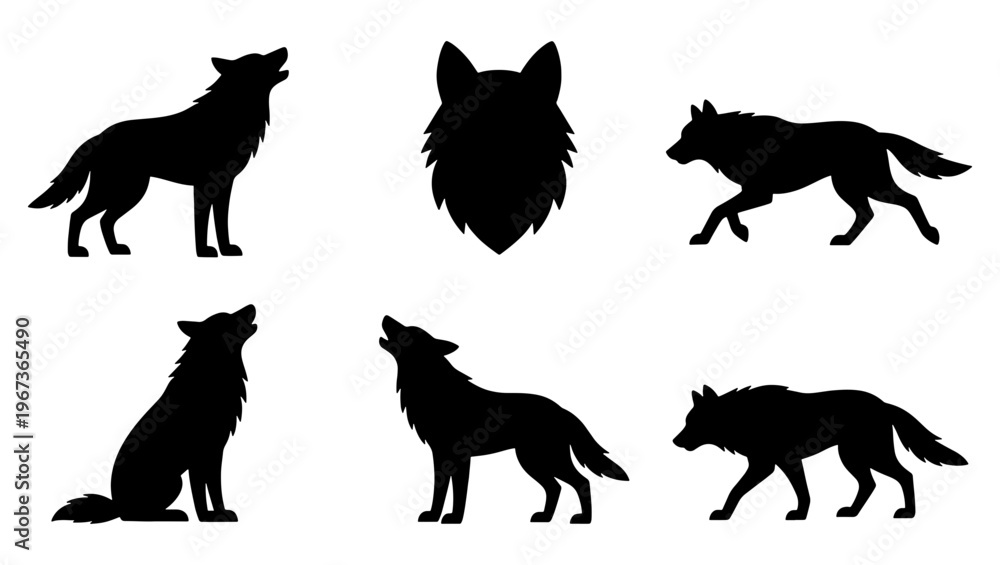 Obraz premium Black wolf silhouette collection, 6 vector elements of howling and walking wolves, wild predator animal icons for nature logos and outdoors design