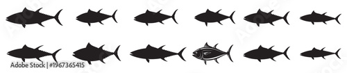 Set of Tuna fish silhouette. Black fish silhouette set featuring various marine species icons isolated on white background, perfect for seafood branding, fishing logos. Vector  illustration.