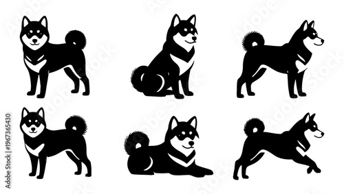 Minimalist Shiba Inu vector silhouettes, set of 6 black and white dog icons, Japanese breed canine illustrations for logo design and branding