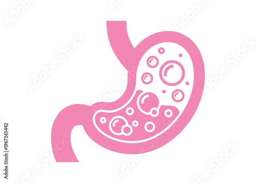Solid stomach icon showing the human digestive organ with gas bubbles in outline style on a white background.