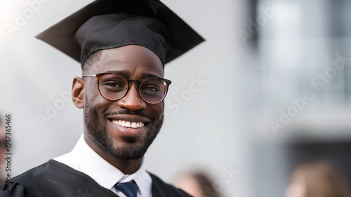 Young Man Smiles While Wearing Graduation Cap and Gown Outdoors With Classmat...