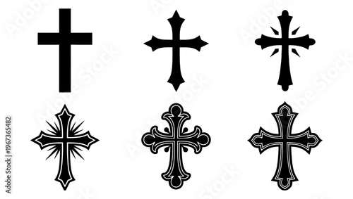 Christian cross vector icons set, religious crucifix symbols in gothic and minimalist styles, 6 black spiritual elements for church design