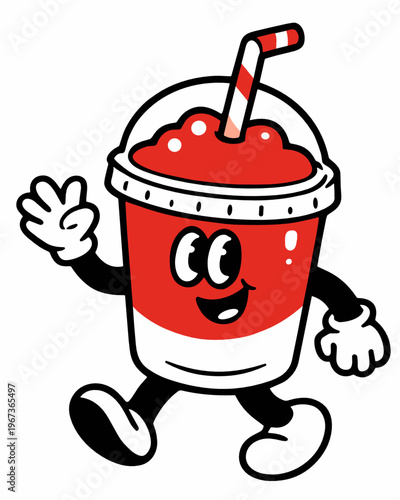 Smiling takeaway soda cup mascot walking with raised hand and striped straw. Fun fast food beverage character in bold retro cartoon style, ideal for menu, branding, and snack themes.