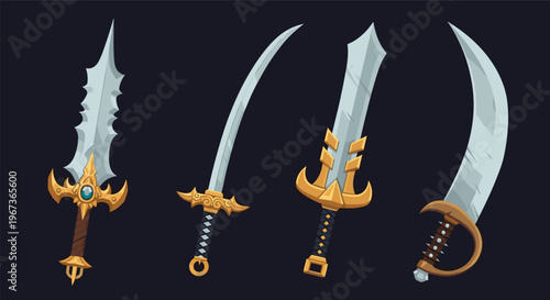 Set of four different fantasy swords and daggers with golden hilts and sharp blades against a dark blue background.