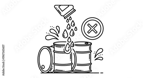 Outline illustration of liquid pouring from a container into oil barrels with a crossed-out circle indicating a prohibition.