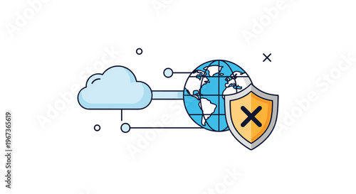 Cloud computing security concept featuring a cloud icon connected to a globe protected by a safety shield icon.