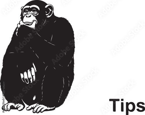 Black and white of a chimpanzee sitting with hand on face