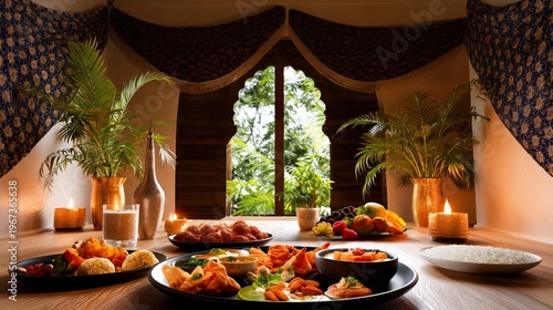 Spread of Traditional Dishes on a Table During a Festive Meal in a Warm Setting