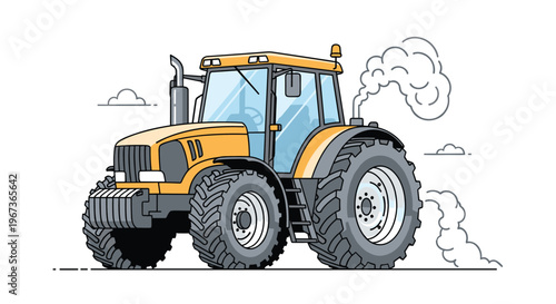 Modern yellow farm tractor in operation with exhaust smoke and a white background for agricultural machinery concept.