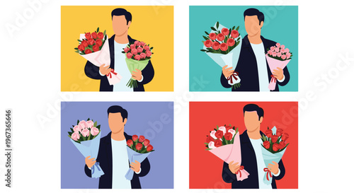 Four panels showing a man holding two bouquets of flowers against different colored backgrounds for romantic gift concepts.
