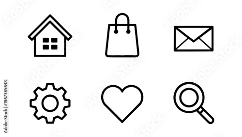 Minimalist UI icons set, black line web symbols, 6 vector interface elements