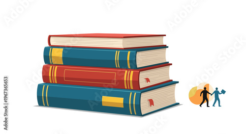 Stack of four colorful hardcover books with bookmarks and a small icon of two people shaking hands nearby.