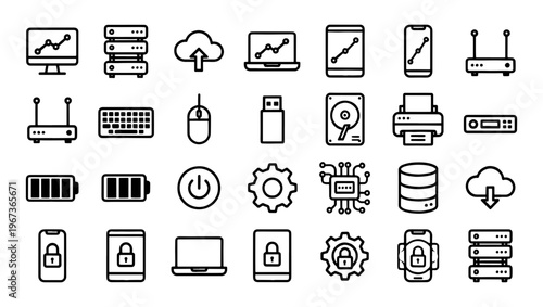 Computer technology line icons, 28 hardware and network vector elements