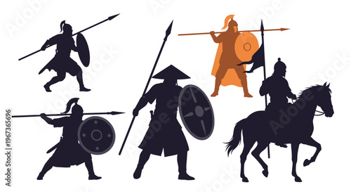 Group of ancient warrior silhouettes with spears and shields representing different cultures and military units.