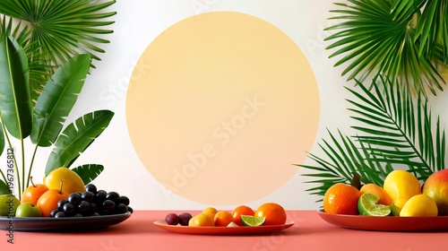 Fruit Display With Tropical Plants Against a Light Background in a Sunny Setting