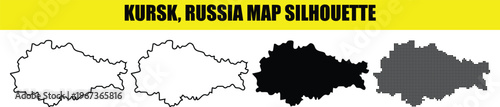 Kursk russia map silhouette set featuring thin line border and creative dotted pattern for regional marketing.