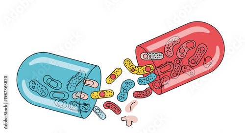 Open medical capsule pill releasing colorful microscopic bacteria and germs representing antibiotic resistance or probiotic medicine.