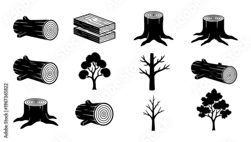Black and white wood industry icons, set of 12 timber and forestry vectors, wooden logs and tree stump silhouettes, lumber and carpentry symbols