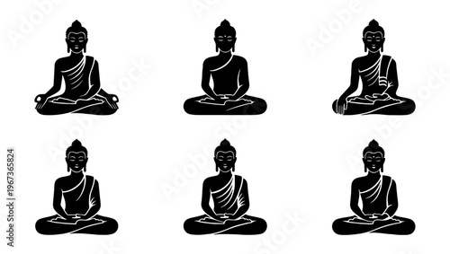 Buddha meditation silhouette icons, set of 6 black vector illustrations of meditating monks, spiritual zen yoga poses for wellness and mindfulness