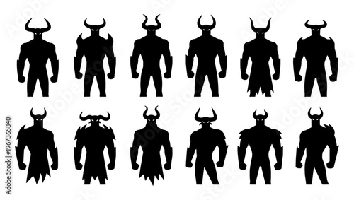 Viking warrior silhouettes with horns, set of 12 mythical demon character icons, black fantasy monster silhouettes for game design and logos
