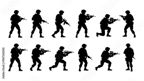 Military soldier silhouettes set, tactical infantry army personnel with rifles, 12 black vector figures of armed commandos in combat poses
