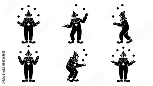 Vintage circus clown silhouettes juggling balls, set of 6 black and white vector icons, retro harlequin performer characters for carnival design