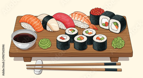 Delicious Japanese sushi platter with nigiri maki rolls sashimi wasabi and soy sauce on a wooden board with traditional chopsticks.