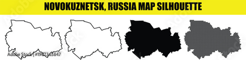 Novokuznetsk russia map silhouette white black outline dotted isolated on checkered background vector.