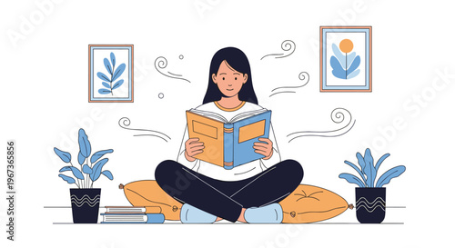 Young woman sitting cross legged on floor pillows reading a book in a cozy home environment with houseplants and framed pictures.