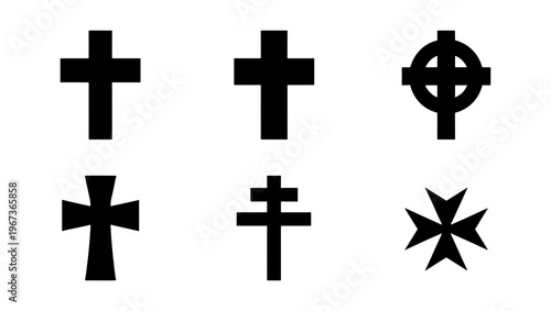 Christian cross icon set with 6 vector elements, religious symbols including Celtic and Maltese crosses, black spiritual silhouettes for church design