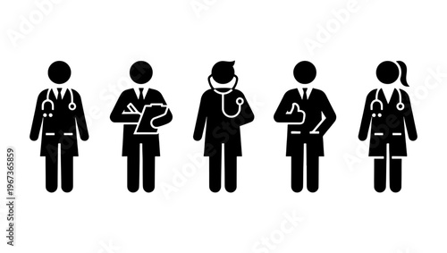 Medical doctor icon set with 5 black silhouettes, healthcare professional avatars in lab coats, physician and nurse vector symbols for hospital signage