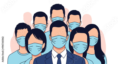 Crowd of people wearing surgical masks for protection against airborne viruses and bacteria in a public safety health concept scene.