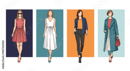 Diverse fashion collection featuring four women wearing different styles of clothing for seasonal transition and trendy street style.