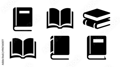 Minimalist book icon set, black silhouette library symbols, collection of 6 vector book illustrations for education and literature design