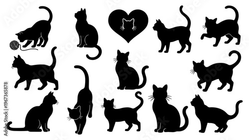 Black cat silhouettes collection, set of 12 feline vector elements in various poses, domestic cat icons for pet shop branding and animal lovers