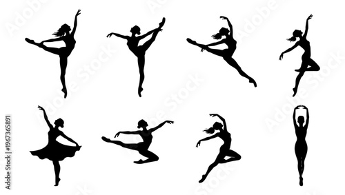 Graceful ballet dancer silhouettes set, 8 vector female ballerina poses, elegant dancing figures in motion, black artistic performance icons