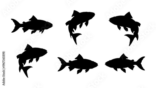 Black fish silhouette collection, set of 6 aquatic animal icons in various swimming poses, minimalist trout or salmon vector shapes for fishing logos