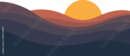 Wavy landscape hills at sunset with orange sun and purple layers in smooth organic minimalist style. Vector illustration