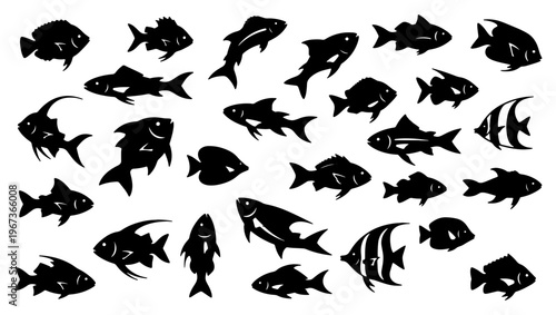 Black fish silhouette collection, 25 aquatic animal vector elements, tropical and freshwater fish icons for fishing and marine design