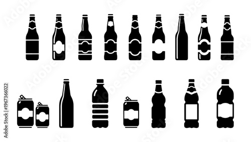 Beer bottle and soda can icons set, black beverage container silhouettes, 16 vector elements for bar menus and packaging design