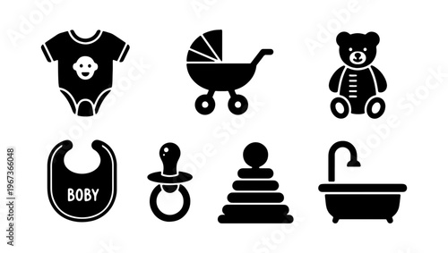 Baby care icon set with 7 black vector elements, newborn nursery symbols including stroller and bodysuit, infant shower and parenting graphics