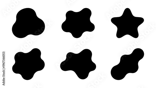 Abstract organic blob shapes, set of 6 black liquid fluid silhouettes, minimalist amoeba star and pebble vector elements for modern graphic design